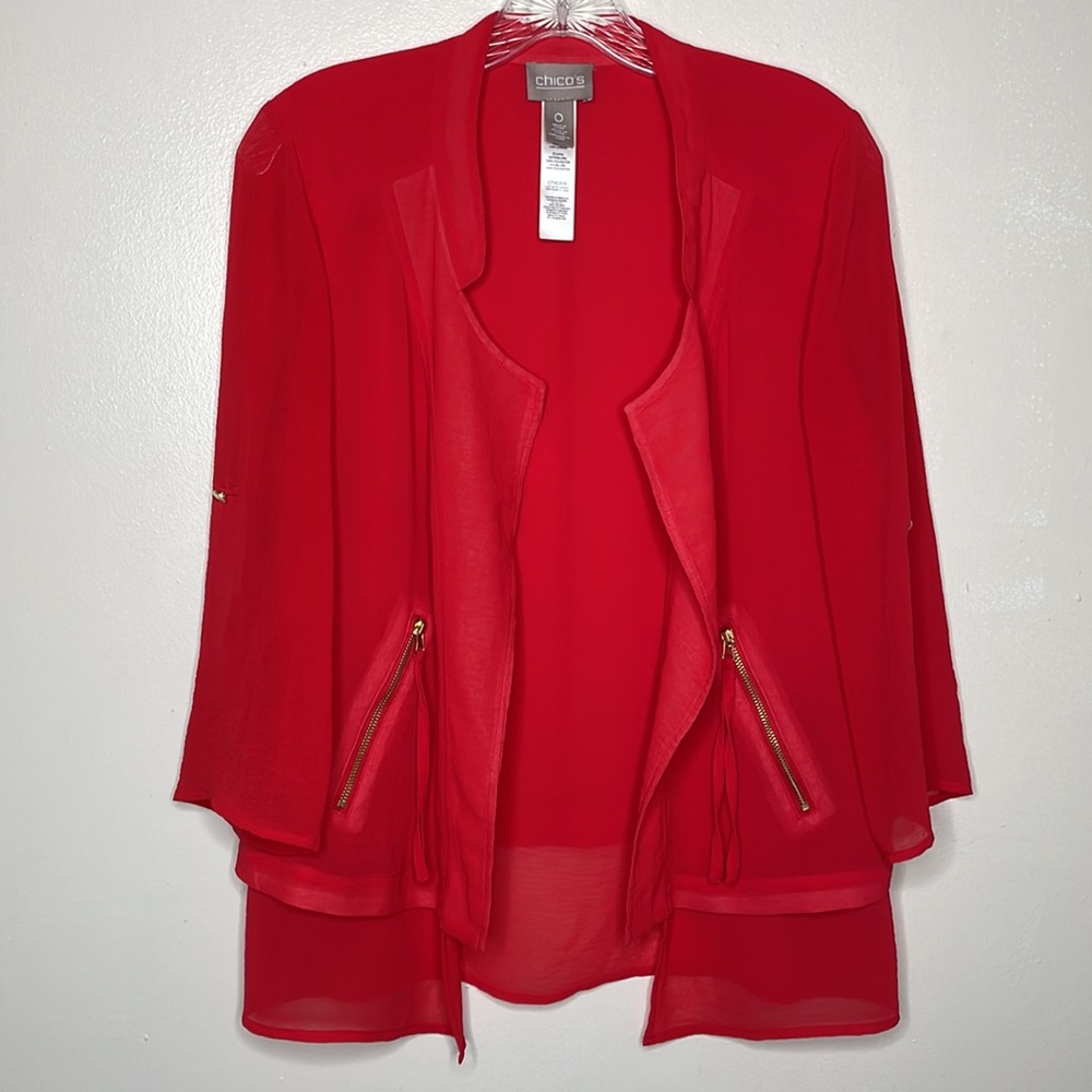 CHICO’S Blazer Jacket Red Layered Lightweight Open Front Zipper Pockets 4 - Picture 14 of 14